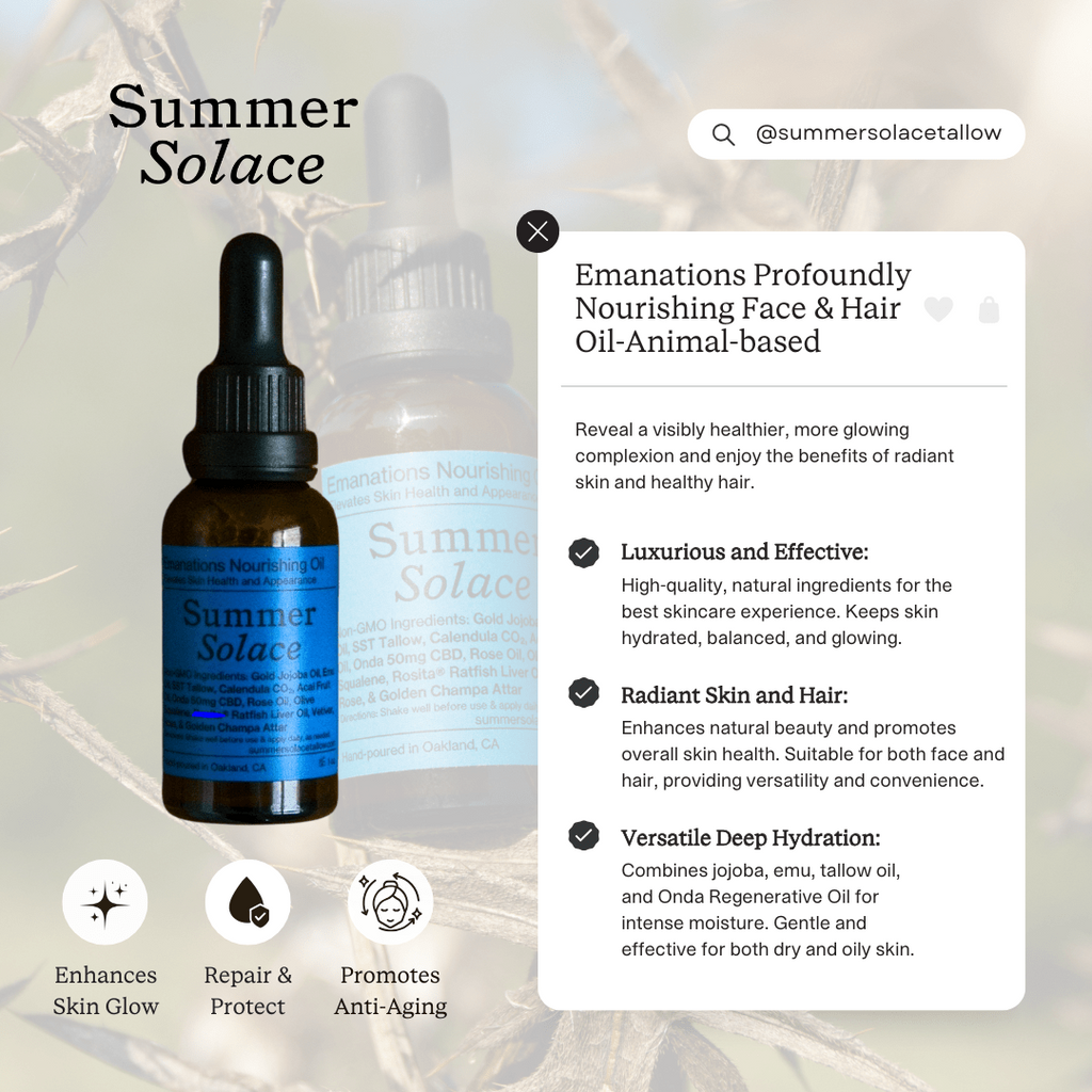 Emanations Tallow & Emu Face Oil • Sea Buckthorn & Floral Attars • Dry, Sensitive & Mature Skin